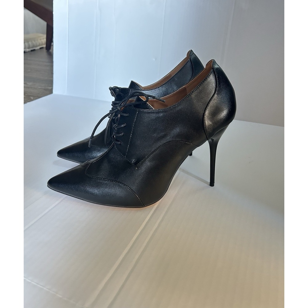 Black Leather Oxford Stiletto Heels Lace Up Pointed Toe Size 15.5 Office Gothic